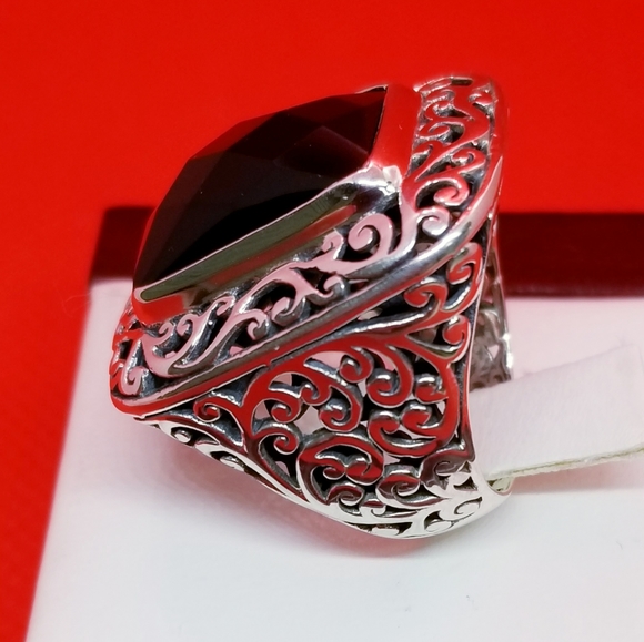 STERLING SILVER LARGE FACETED ONYX ORNATE RING - Picture 2 of 6